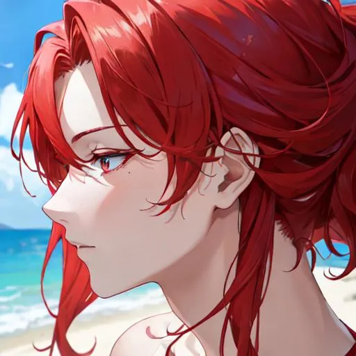 Prompt: Zerif 1male (Red side-swept hair covering his right eye) at the beach, side profile, 8k, UHD, highly detailed, insane detail