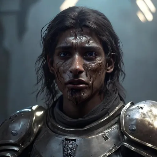 Prompt: Cinematic still shot of a young knight with brown skin who’s crying with his helmet off with long dark black hair down to his shoulders and a handsome face with two scars on his nose and neck with tan middle eastern skin + handsome face + tan light brown skin + mirror + Handsome face + Young + photorealistic + photorealism + ray tracing + unreal engine 5 + ultra detailed, 8k, hdr, hr --v 4