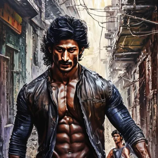 Prompt: oil painting of Vidyut Jammwal , white suite, dark hair, tall height, holding a short bladed knife in his hand in a Sci Fi setting. An old brick city 4K 8K.  Small girl hiding behind him. 
