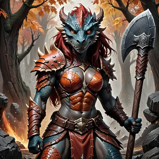 Prompt: Female dragonborn barbarian, fierce expression, muscular build, adorned in rugged leather armor with intricate scales, wielding a massive axe, fiery red and gold tones, battle-ready stance, textured background of an ancient forest, ethereal and mystical ambiance, high depth and detailed art, vibrant colors capturing the might and bravery of a warrior, epic and adventurous atmosphere.