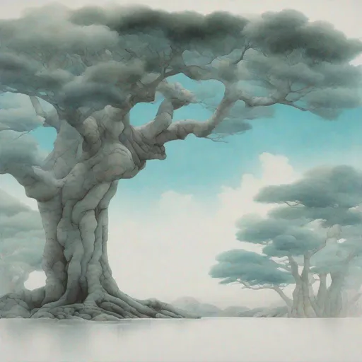 Prompt: arboreal, The artworks predominantly embrace the watercolor medium. A prevalent mood observed is "brooding" with influences of artists such as Leiji Matsumoto and Scarlett Hooft Graafland. The color palette is characterized by light white, cyan, and silver tones. Specific features emphasized are detailed facial characteristics, especially distinctive noses. Brushwork is frequently described as flowing, but there are also mentions of sharp and detailed brush techniques. A fusion of traditional methods and contemporary influences can be observed, as traditional oil-painting techniques merge with bold manga lines. Notable stylistic inspirations also include Larme Kei and Yasuhiro Nightow. 