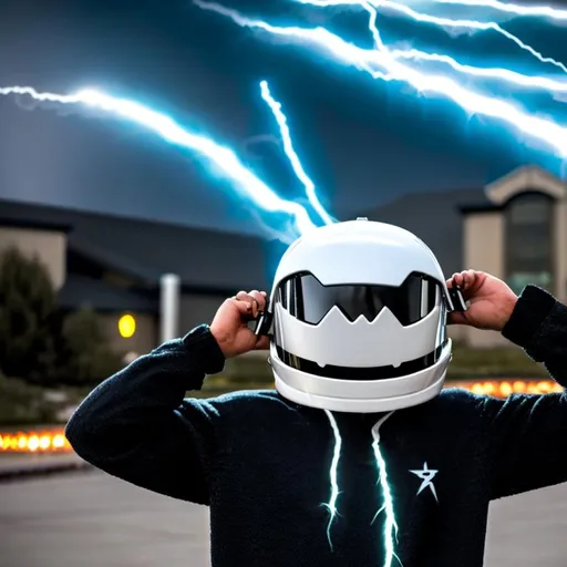 Prompt: guy with black sweater wearing a marshmello helmet with x for eyes and a stiched smiling face with shockwaves of lightning surrounding him in a circle