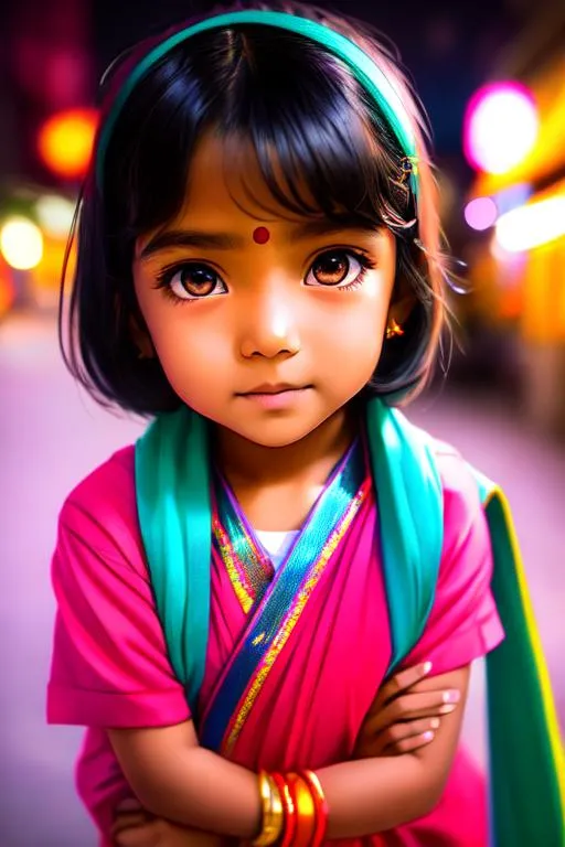 Prompt: Studio Ghibli anime style, vivid colors, HDR, photo of an Indian  6 year old woman posing, detailed face, detailed skin, on the Street, night, neon light, dark, cinematic, depth of field, low iso