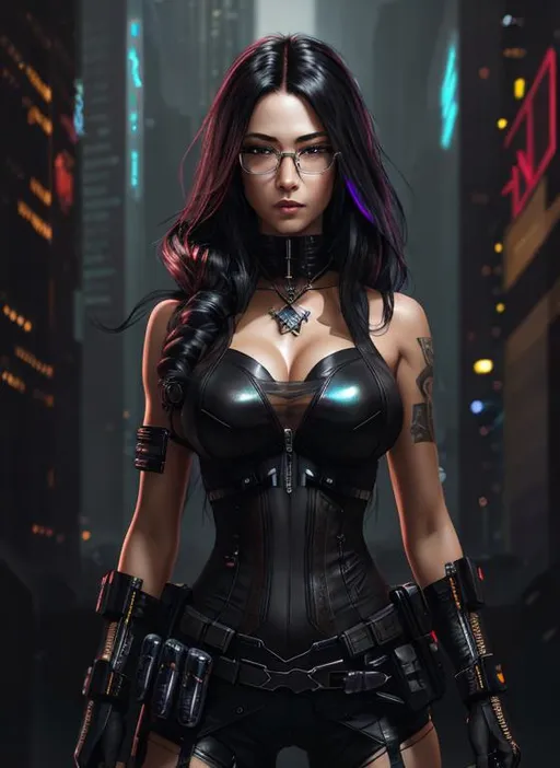 Prompt: cyberpunk assassin with bladed arms, (high quality)+, (high texture)+, (ultra detailed)+, (detailed background)++, (perfect anatomy)+, (proper finger structure)+, (quality artwork)+, (mature woman)++, solo, detailed face, black hair, long hair, shiny hair, detailed hair, iridescent eyes, detailed eyes, glasses with brass trim++, (leather gloves)++, detailed accessories, detailed body)++, shiny skin, (fair skin)+, detailed skin, (frozen)++, road++, nightfall background++, (metal streetlights)++, (full body)+++, (sepia tones)++, (from ahead)++