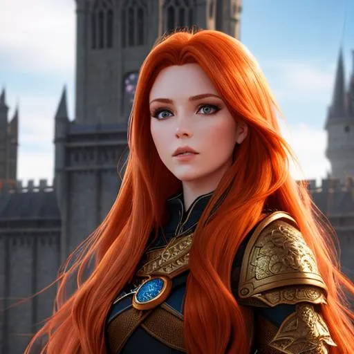 Prompt: D&d human female mage, long ginger hair, tower, highly detailed, professional, render, Sharp focus, HD, UHD, HDR, hyperrealistic 
