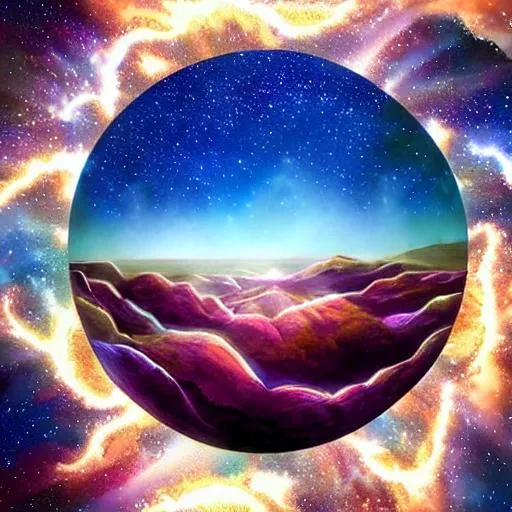 Prompt: Please produce a fantasy artwork Fantastic planetscape looking down on a desert. filling star falling in the dark sky, nebula and stars in the background on the horizon with vibrant colors and effects. very pretty painting. 