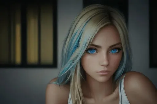 Prompt: light blonde haired girl with light blue eyes, symetrical face, ultra realistic