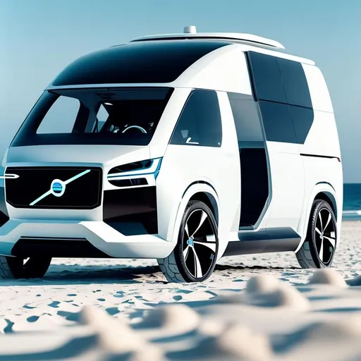 Prompt: futuristic, modern Volvo camper van, modern, clean design, electric, on the beach