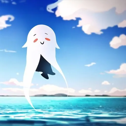 Prompt: Little ghost floating on a lake. Black ghost