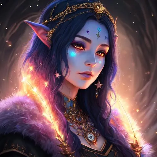 Prompt: oil painting, UHD, 8K, Very Detailed, A beautiful D&D Circle of Stars Druid, full body character portrait, dark fantasy, detailed, realistic face, digital portrait, fiverr dnd character, beautiful Tiefling woman of 27 years old, blue skin, bright tattoos of stars on her face and hands, one black eye, Wearing a Witch's robe, Leather armor, and Witch's Hat with the underside of the Hat having a star pattern on it. 