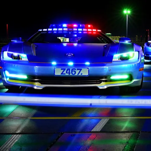 Prompt: Subject: "Police cars"

Creative descriptions: Sleek, blue and white sports cars with spherical wheels are adorned with Chinese characters and the powerful Chinese characters "坡力士". The police cars are covered only with Chinese characters. Flashing lights illuminate the darkness, casting an eerie glow.

Environment: A bustling city at night, with towering skyscrapers and neon signs reflecting off wet pavements. The streets are alive with a mix of excitement and tension.

Mood/Feelings: A sense of authority and vigilance permeates the air. There's an undercurrent of urgency and anticipation, as if something significant is about to unfold.

Artistic medium/Techniques: The scene captures the interplay of light and shadow, highlighting the contrast between the glowing police cars and the dark cityscape. Long exposure techniques enhance the dynamic movement of the flashing lights.

Artists/Illustrators/Art Movements: Inspired by the works of Edward Hopper, with his mastery of capturing urban solitude, and influenced by the noir aesthetic of film noir and graphic novel illustrations.