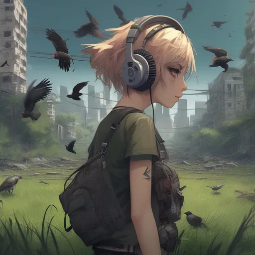 Prompt: Masterpiece, 64k, Highly Detailed, Punk Girl, Headphones, Anime, Dystopia, Cityscape, Ruins, Post-Apocalyptic, Forest, Grass, Birds in the background