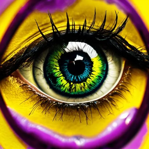 Prompt: Eye in middle of Tilted yellow chair haning on a purple eye with eye lashes face