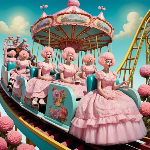 Prompt: Surreal carnival scene of women as flowers on a roller coaster, ornate teacups, pink poodles, vibrant and dreamy, high quality, surrealism, whimsical, floral dresses, elaborate teacups, pastel poodles, vibrant colors, roller coaster, surreal, dreamlike, carnival, detailed floral patterns, vintage surrealism, whimsical lighting