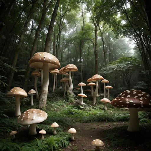 Prompt: beautiful fantasy forest glade filled with large mushrooms