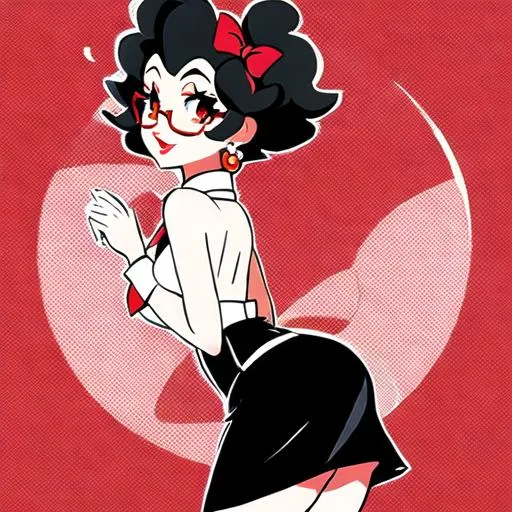 Prompt: 1930s cartoon style, lady with glasses and skirt, elegant, gorgeous,  black hair, betty boop style, red lipstick, monochromatic colors
