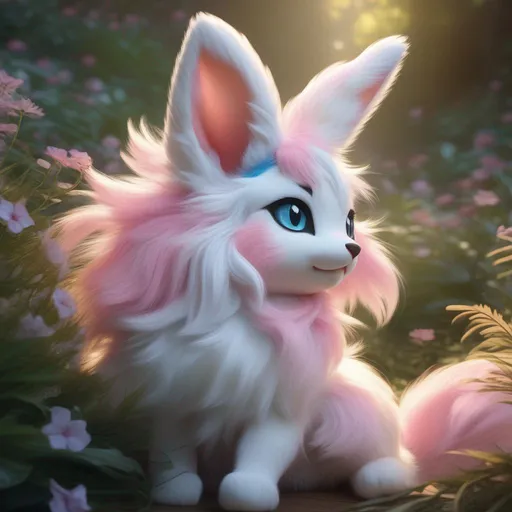 Prompt: (Sylveon), realistic, photograph, epic oil painting, (hyper real), furry, (hyper detailed), extremely beautiful, sprawling on back, belly up, paws in the air, playful, UHD, studio lighting, best quality, professional, 8k eyes, 8k, highly detailed, highly detailed fur, hyper realistic creamy fur, canine quadruped, (high quality fur), fluffy, fuzzy, full body shot, zoomed out view of character, perfect composition, trending, instagram, artstation, deviantart, best art, best photograph, unreal engine, high octane, cute, adorable smile, peaceful, (highly detailed background), vivid, vibrant, intricate facial detail, incredibly sharp detailed eyes, incredibly realistic golden retriever fur, concept art, anne stokes, yuino chiri, character reveal, extremely detailed fur, sapphire sky, complementary colors, golden ratio, rich shading, vivid colors, high saturation colors, nintendo, pokemon, silver light beams