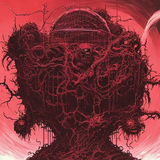 Prompt: concept art of a cage shaped  piece  of red and black cosmic rot.  cosmic horror. 