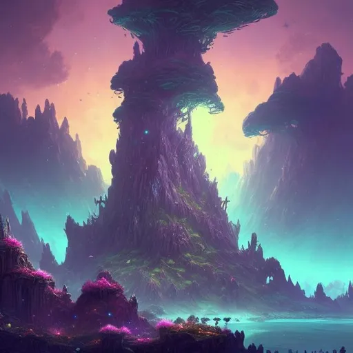 Prompt: Highly detailed video game level design, Fantasy RPG, Fantasy planet landscape with ship and moon, clouds, stars, planets, waterfalls, nebulae, mystical, purple, pink, blue, trending on artstation, beautiful, colorful, fantasy art, digital painting, hyperrealism, hyperdetailed, landscape, photorealistic, psychedelic, radiant,  vibrant, Has trees and an island, abandoned ship, has a mountain in the background