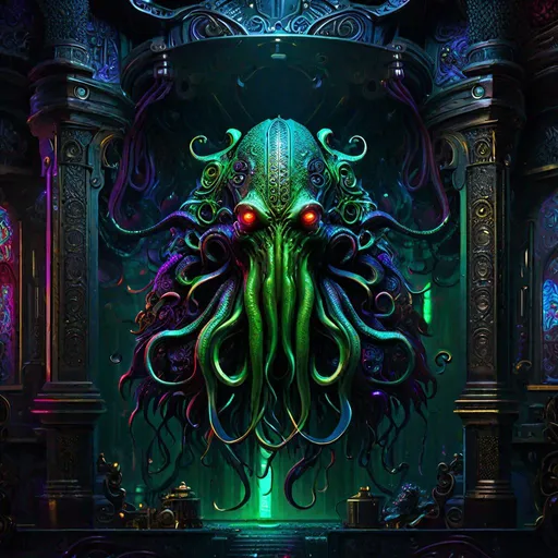 Prompt: "head and shoulder face portrait of a Cthulhu with tentacles wearing cyberpunk filigree tech-wear standing inside a dark gothic cluttered living space, Hyperrealistic, splash art, concept art, mid shot, intricately detailed, color depth, dramatic, 2/3 face angle, side light, colorful background"