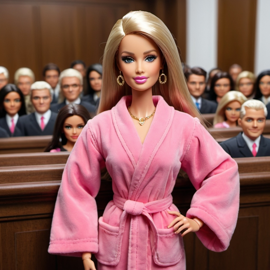 (Judge Barbie designer), pink robe, courtroom full o...