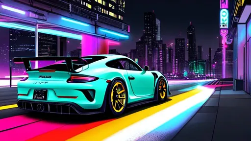 Prompt: 2023 Porche GT3 RS Neon colors realistic night city background 