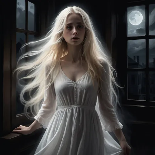 Prompt: Chiaroscuro, 8k, a digital painting of a ghost, she is petite with long flowing blonde hair, white sundress, dark eyes, sad expression, a ghostly breeze making her hair and dress float, standing in front of a window at night, gothic themed, dramatic,