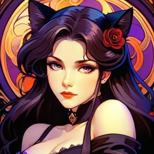 Prompt: fair skin tone, neon background, beautiful woman, innocent, hot, long dark brown hair, purple eyes, dark red lips, gothic, victorian,  vacant stare, cat ears, cat tail, dynamic pose, detailed facial features, dark lighting, 90s anime, 80s anime, anime screencap, cartoon, 2d art, romance novel cover, anime art style, castlevania anime, beserk anime,