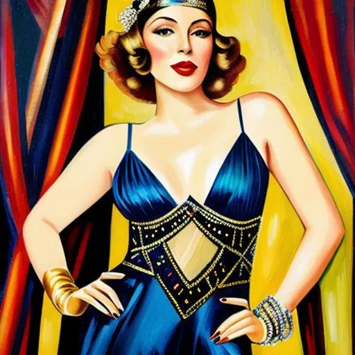 Prompt: Kylie Minogue as a Great Gatsby 1920s Flapper in the style of an oil painting by artist Tamara de Lempicka 