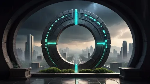 Prompt: magical portal between cities realms worlds kingdoms, circular portal, ring standing on edge, upright ring, freestanding ring, hieroglyphs on ring, complete ring, ancient aztec architecture, zigurat, gardens, hotels, office buildings, shopping malls, large wide-open city plaza, panoramic view, dark stormy night, stormy sky, rain, futuristic cyberpunk tech-noir setting