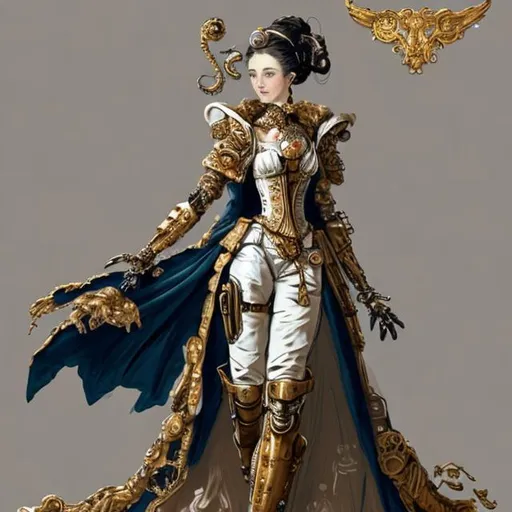 Prompt: A wealthy lady in the 1700 century. steampunk cyborg with arms and legs made of replacement porcelain parts with golden decoration. full body image.concept art. sketch. doll