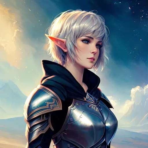 Prompt: paladin, armor, short hair, caplet and hood, female elf, tattoo on cheek, UHD, 8K, high fantasy, (((art by Agnes Cecile))), 