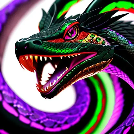 Prompt: a face shot of a twelve-foot snake with black and green markings and red eyes purple aura and a dragon-like face, very glossy and shiny, reflective, perfect composition, hyperrealistic, super detailed, 8k, high quality, trending art, trending on artstation, sharp focus, studio photo, intricate details, highly detailed, Trending on Artstation, Cozy wallpaper, Pastel colors, soft lighting