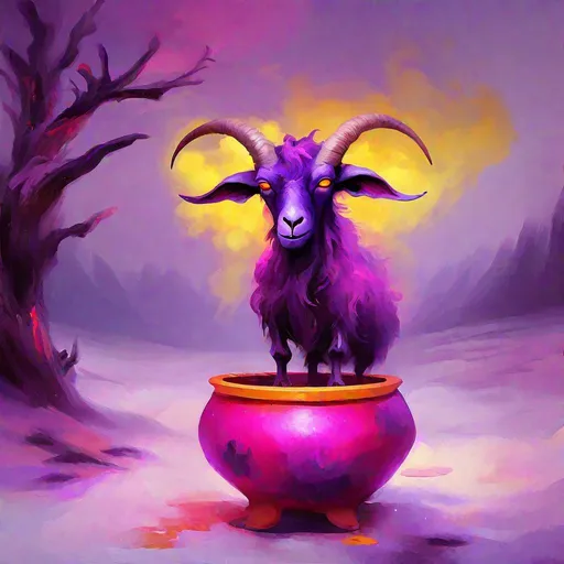 Prompt: Bipedal creature resembling a dark purple goat, glowing red eyes, yellow cloud horns, inside a pink-purple pot, masterpiece, best quality, in winter oil painting style