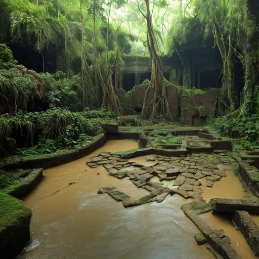 Prompt: Palsey painted River flows throw ancient ruins in Rain forest