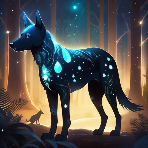 Prompt: A mythical translucent australian kelpie that is glowing, in a forest surrounded by bones, beneath the stars, bioluminescent, highres, best quality, concept art