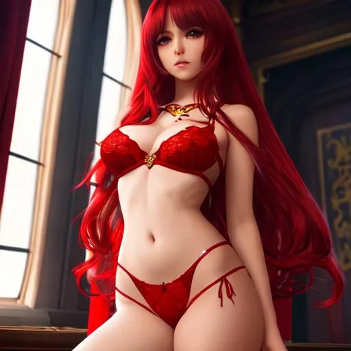 Prompt: a beautiful Spanish woman, with short clothes, Fantasy Anime Style, long hair, wearing red subtle, red lingerie, with little clothes, thin waist, wide hips, ultra real, 8k
