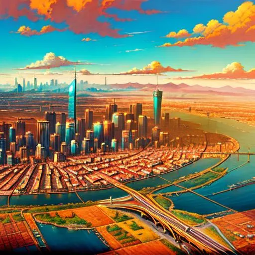 Aerial view of large city, with skyscrapers, highway... | OpenArt