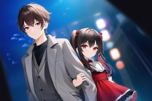 Prompt: (masterpiece, best quality:1.2), illustration, absurdres, highres, extremely detailed, 1 petite girl, black long hair, pigtail, red eyes, eye highlights, red dress, and 1 young man, brown hair, grey jacket, blue eyes, (aquarium) , upper body, depth of field, (:d:0.8), chromatic aberration abuse, pastel color, Depth of field, blue tint,(blue fog:1.3), couple, dating