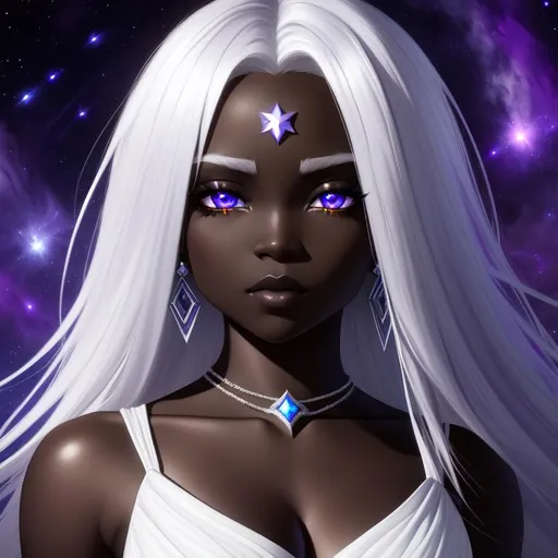 Prompt: splash art of a cute halfling female with pitch black skin, dark skin, dark skin,silver hair, onyx skin, long hair, silver hair, white hair, purple star eyes, star eyes, in the style of an oil painting, bright  colors, dreamy, white ballgown, white jewelry, white gown, white organza dress,  by Ilya Kuvshinov and Alphonse Mucha, white orchid flowers, orchid flower, pastel pink colors, dreamy, in a dynamic pose, soft light, in watercolor style,