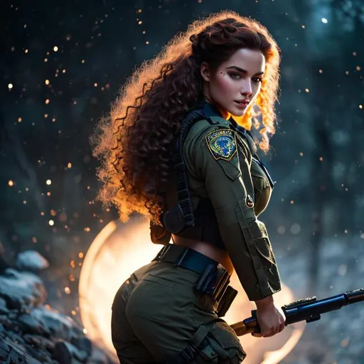 Prompt: Incredibly detailed photography of a beautiful woman in marines combat uniform, whift sniper gun, she has curly red hair and an ultra detailed dirt-stained face, blue eyes, silver diadem, cleavage, soft face, deep colors, full moon glow background, shadows, Complex photography, a masterpiece, Artstation 8k resolution, Unreal Engine 5, Cgsociety, Octane Photograph, sharp focus