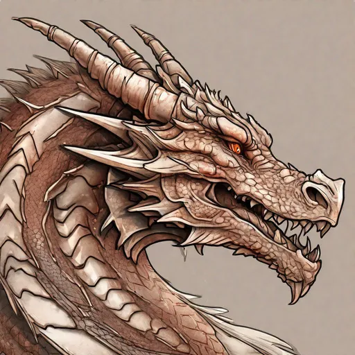 Prompt: Concept design of a dragon. Dragon head portrait. Side view. Coloring in the dragon is predominantly rusty-red with bronze streaks and details present.