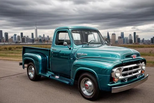 Prompt: A 1953 Ford F-100 driving g away from a vintage American city skyline. Dramatic sky and clouds. 