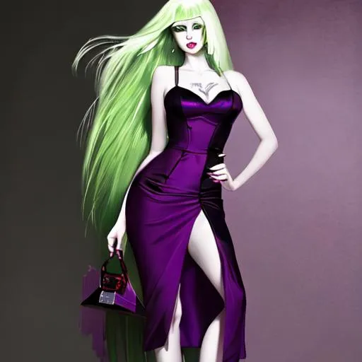 Prompt: Woman with white skin, long green hair, red lipstick, purple dress, and black high heels