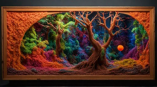 Prompt: A vibrant arboreal diorama made of yarn.