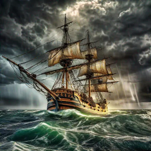 Prompt: A galleon ship at sea during a violent storm, dynamic lighting, hdr, 