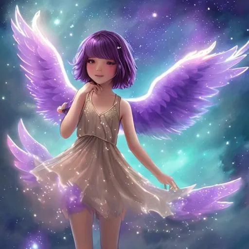 Prompt: a tan girl with short purple hair in a stary misty dress with wings