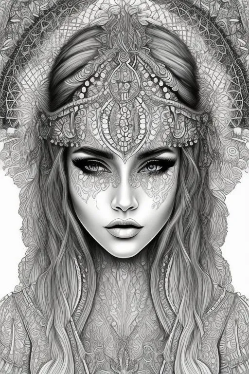 Prompt: coloring page , black and white of detailed beautiftul fantasy girl, clear facial features, symmetrical   smooth lines, with , dreamy, details, black and white, light image, boho 