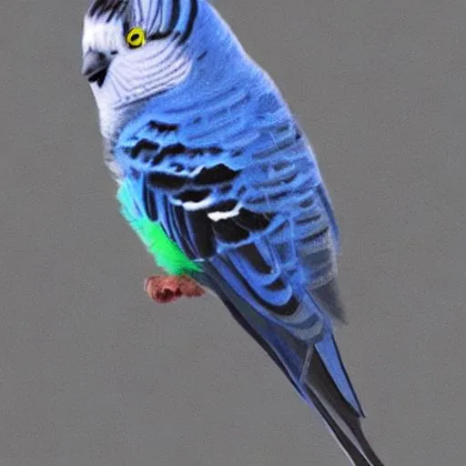 Prompt: Draw my blue and Grey pet budgie as a human.
