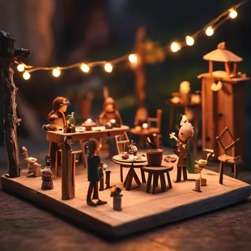 Prompt: tiny wooden banquet hall, tiny wooden people drinking, dining, dancing, string lights, dark night



